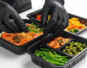 Gloved hands arranging food in black containers, prepared meals