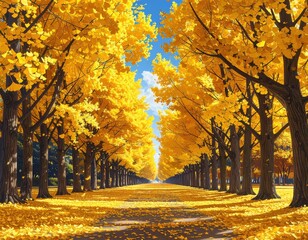 Golden trees line path, leaves fall under bright sky