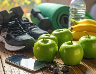 Fitness items weights, sneakers, mat, fruit, water