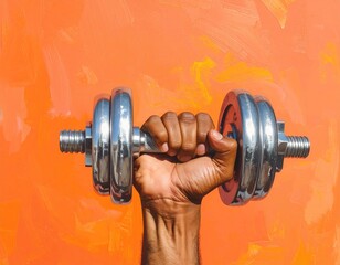 Hand grips chrome dumbbell, orange background