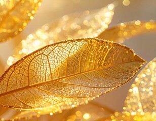 Glistening gold leaf details, intricate veins, shimmering