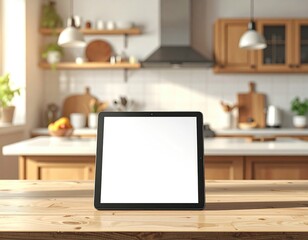 Tablet on wooden table; kitchen background