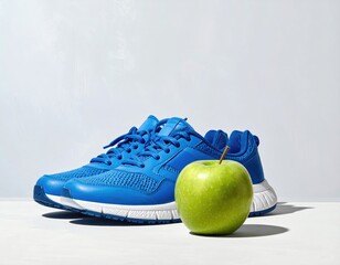 Bright blue shoes and green apple on white surface