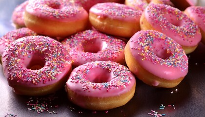 a close up of a bunch of donuts with pink icing and sprinkles