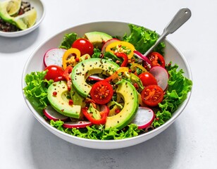Colorful salad with avocado, tomatoes, radish, lettuce