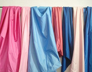 Colorful fabrics hanging, pink, blue, tan, and mauve tones