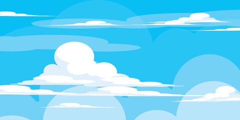 Illustration of a blue sky with white clouds in a flat style. Blue sky background and white clouds. Cartoon sky