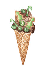 Christmas watercolor illustration of a chocolate ice cream cone with mint candies, candy canes, and gingerbread cookies. Cute and sweet festive food art for stickers, bookmarks, greeting cards