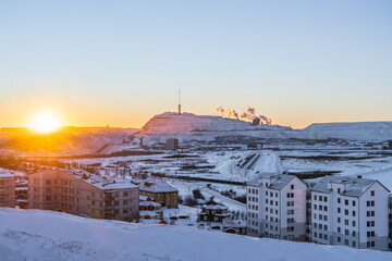 Kiruna, Sweden and the  iron ore mining operations outside of town, in northermost Sweden at noon, polar night