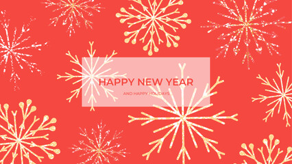 Colorful Banner of Happy New Year and Happy Holidays With Glittering Snowflakes on a red background. Abstract Vector design for web, social media, posters