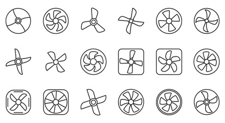 A collection of black and white line art illustrations of various fan blades © Md Anisur Rahman 