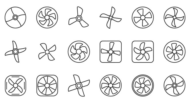 A collection of black and white line art illustrations of various fan blades