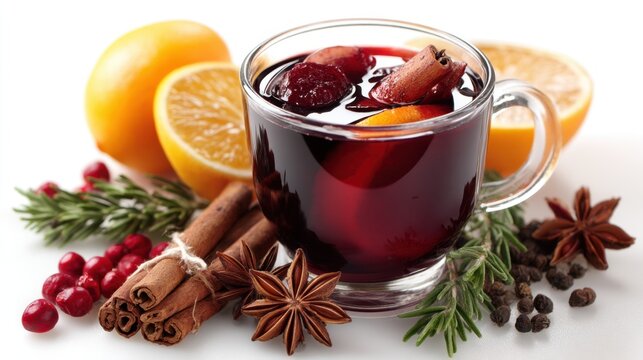 A warm spiced beverage is presented in a glass cup surrounded by fresh citrus fruits herbs and fragrant spices. Ideal for winter celebrations and gatherings.