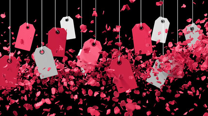 Discount tags raining down from the top of the frame , Black Friday, vector style