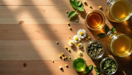 Flat Still life with olive oil, chamomile flowers and herbs on the Neutral wooden background