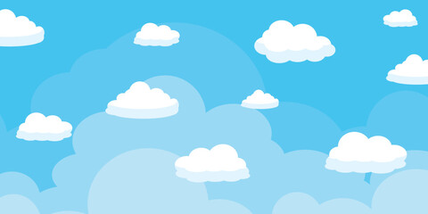 Illustration of a blue sky with white clouds in a flat style. Blue sky background and white clouds. Cartoon sky