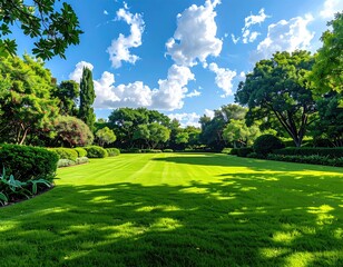 Green lawn amid trees under blue sky, puffy white clouds