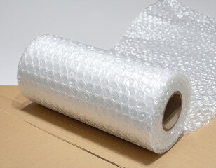 Bubble wrap roll on brown cardboard, white background