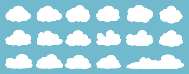 set of vector illustrations of clumpy clouds, cloud bubbles in flat style on a blue background	
