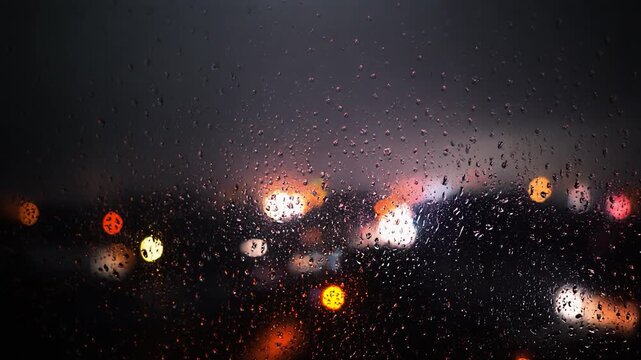 窓の雨粒と遠くの街灯のボケ、雨の夜に広がる感傷的な都会の夜景背景