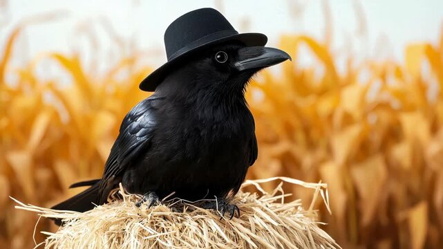 Black crow in bowler hat on hay bale, autumn field close up, farm scene rural bird portrait, corvid harvest vibe, quirky straw farmland scene