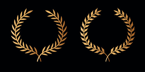 Gold laurel wreath. Golden silhouette laurel foliate wreaths award, achievement, chaplet, heraldry, nobility. Golden leaf silhouette on black background.