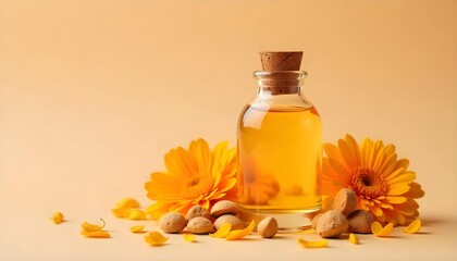 No lable golden yellow oil in a bottle and herbs