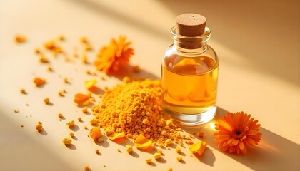 No lable golden yellow oil in a bottle and herbs