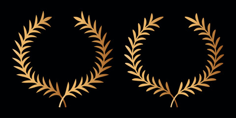 Gold laurel wreath. Golden silhouette laurel foliate wreaths award, achievement, chaplet, heraldry, nobility. Golden leaf silhouette on black background.