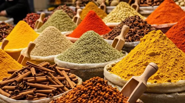 Vibrant Spices Displayed in Market Baskets Aromatic Culinary Ingredients.