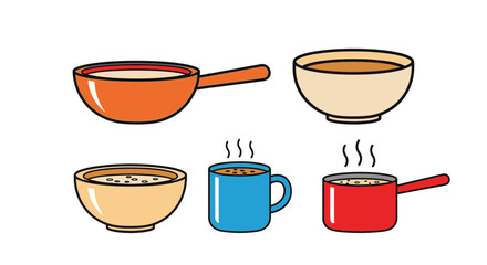 A colorful illustration depicting various hot beverages and soup in containers