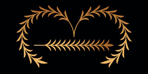 Gold laurel wreath. Golden silhouette laurel foliate wreaths award, achievement, chaplet, heraldry, nobility. Golden leaf silhouette on black background.	