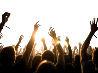 Crowd with hands raised at a night concert