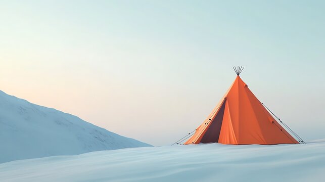 Vibrant orange tent pitched on snowy landscape, inviting outdoor adventure and winter camping in a serene, minimalist setting under a pastel sky - Powered by Adobe