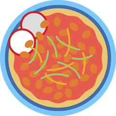 A traditional Mexican soup bowl filled with hominy, meat, and garnishes like lettuce and radish.