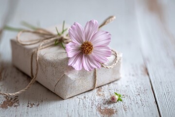 Soft pastel gift box wrapped in decorative paper and twine, adorned with a vibrant pink cosmos flower on distressed white wood.