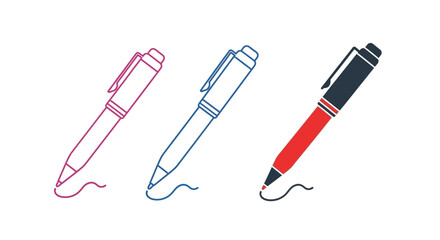 Three stylized pens in pink blue and black illustrate writing tools