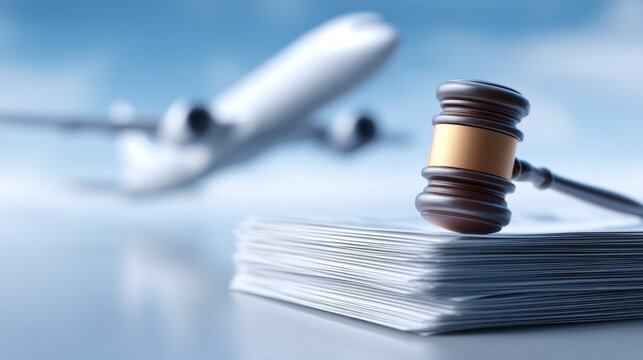 A gavel rests atop a stack of legal documents, symbolizing the connection between law and air travel, as an airplane soars in the blurred background on a clear day