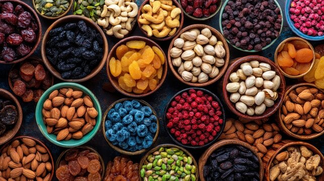 An array of bowls filled with various dried fruits and nuts showcases vibrant colors and textures. Customers explore the market's offerings highlighting a rich selection.