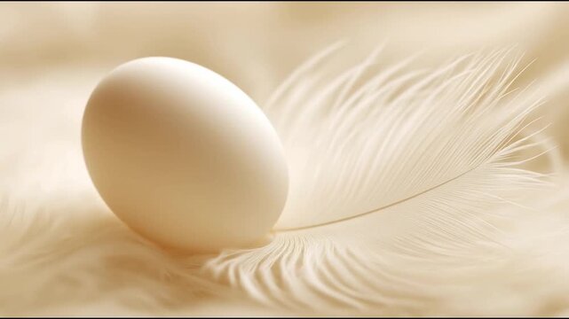 White egg resting gently on a soft feather, captured in a serene setting, showcasing delicate textures and subtle lighting, camera slowly zooms in for detail