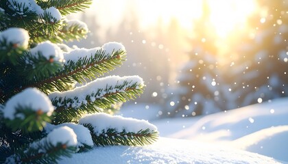 Snow-covered pine tree branch in a winter forest with golden sunlight and falling snowflakes
