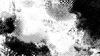 Distressed halftone pattern with grunge texture and abstract paint splatters. Vector, illustration