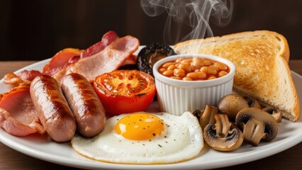 Delicious Traditional Full English Breakfast Plate with Steaming Beans, Crispy Bacon, and Fried Egg
