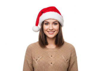 Young woman wearing a santa hat, isolated on transparent background