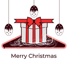 Festive Christmas Gift Box with Red Ribbon and Hanging Ornaments