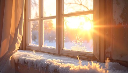 Golden sunrise glow on a snow-covered window frame and frosty sill, warm winter