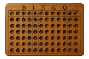 Brown Wooden Bingo Game Board Marker Holder Tray with 75 Numbered Pockets isolated PNG with Transparent Background