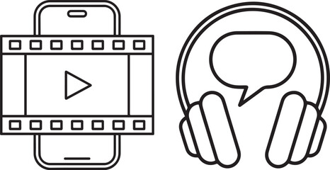 Smartphone film strip and headphones with speech bubble silhouette