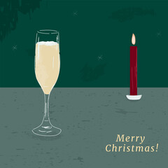 Merry Christmas, hand drawn illustrations of wine, champagne, holiday cocktails and candles.