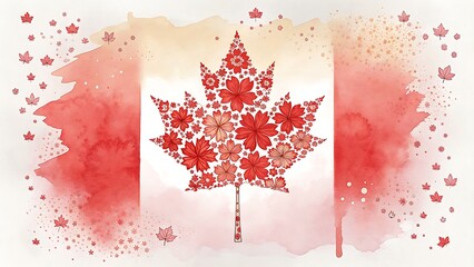 Watercolor artistic representation of a canadian flag with a central maple leaf composed of small red flowers, symbolizing national pride and celebration in a soft, abstract style